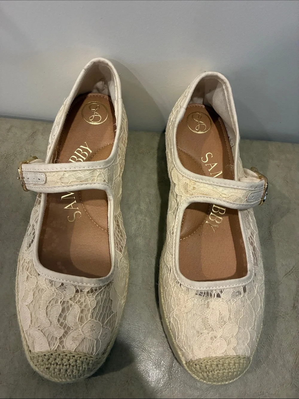 Sam & Libby Cream Lace Mary Jane Platform Espadrilles